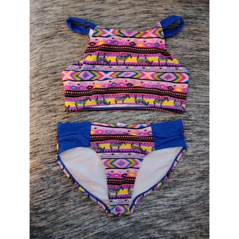 Girl's Zebra Print Multi-Colored Geometric Bathing Suit Bikini Tankini Size 16